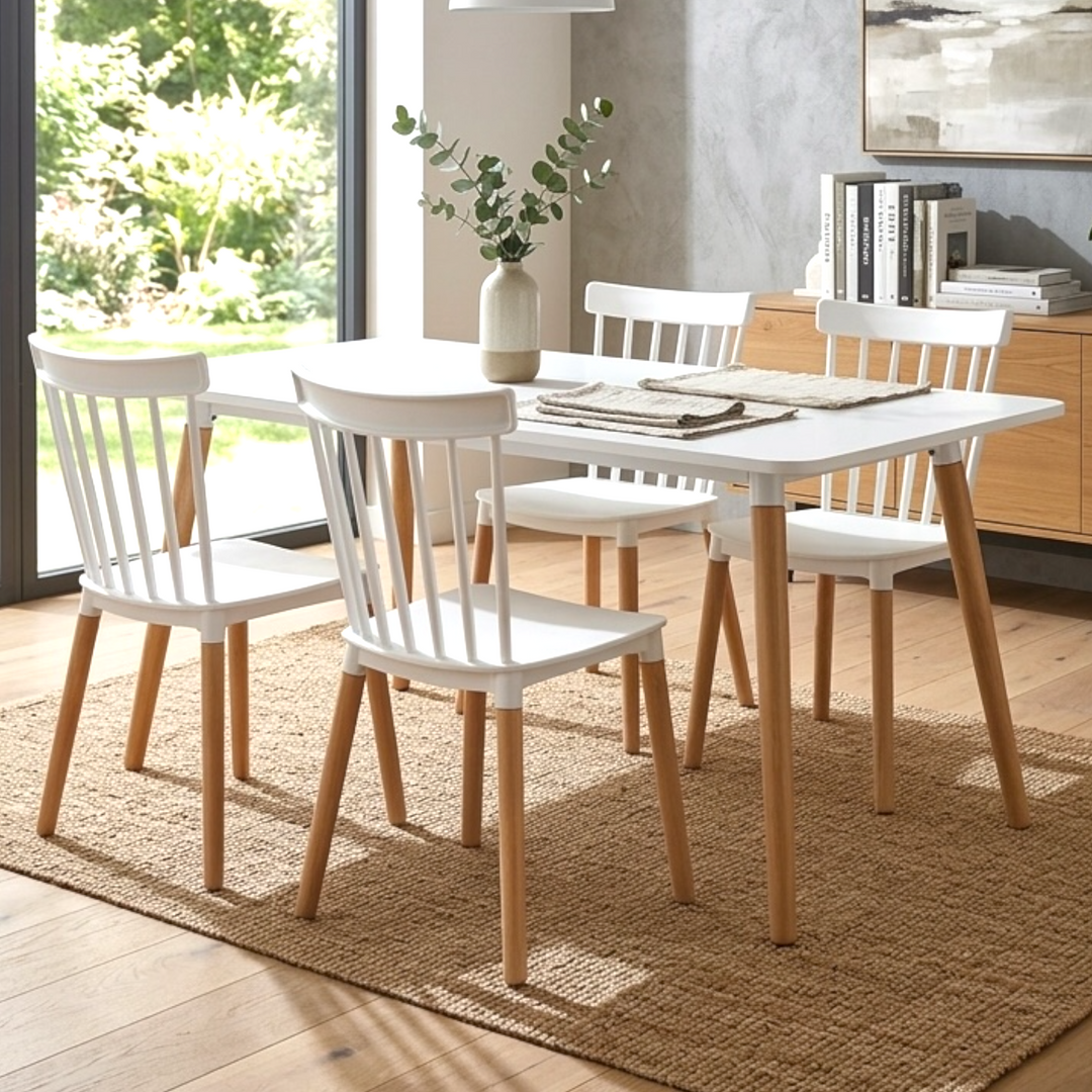 Modern dining table set with MDF tabletop, spindle back acrylic chairs, and beech wood legs in Scandinavian design