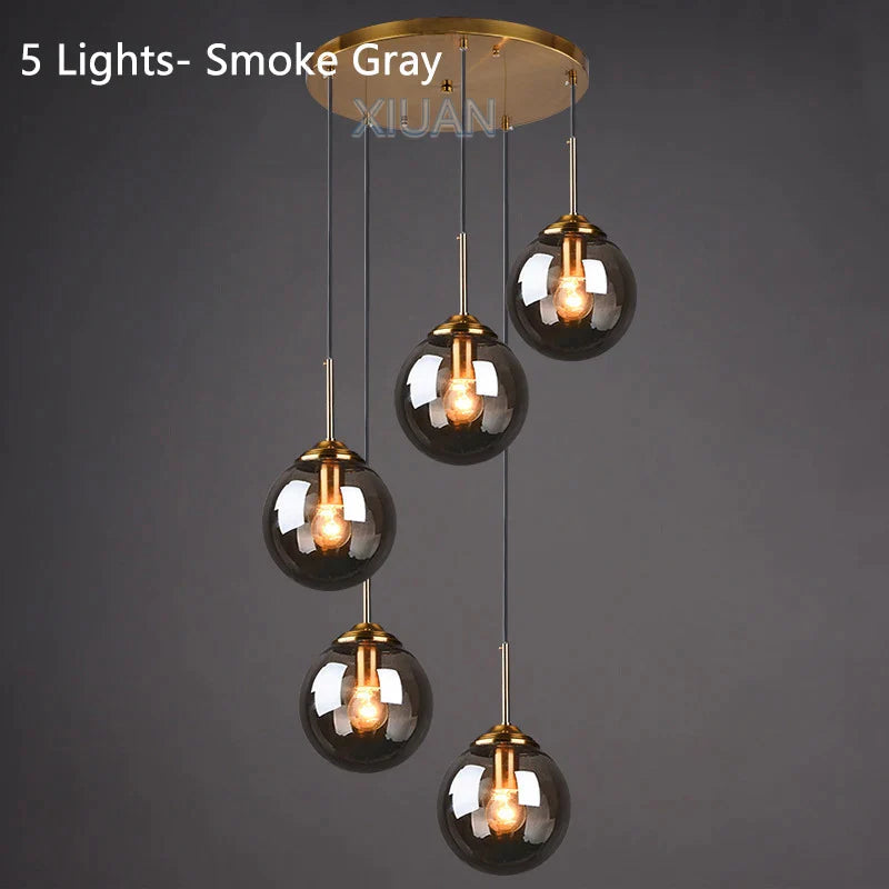 Modern 5-Light Globe Pendant Light with Smoked Glass and Brass Finish