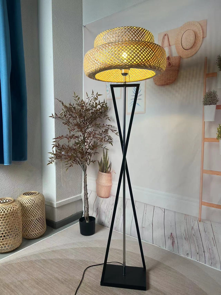 Rustic Floor Lamp with Woven Natural Shade and Black Tripod Base