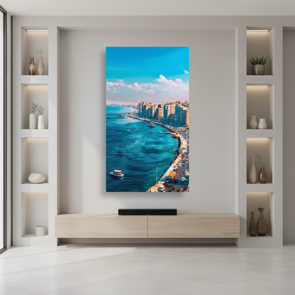 Aerial view of Alexandria Corniche coastline with turquoise Mediterranean Sea and city skyline on canvas art