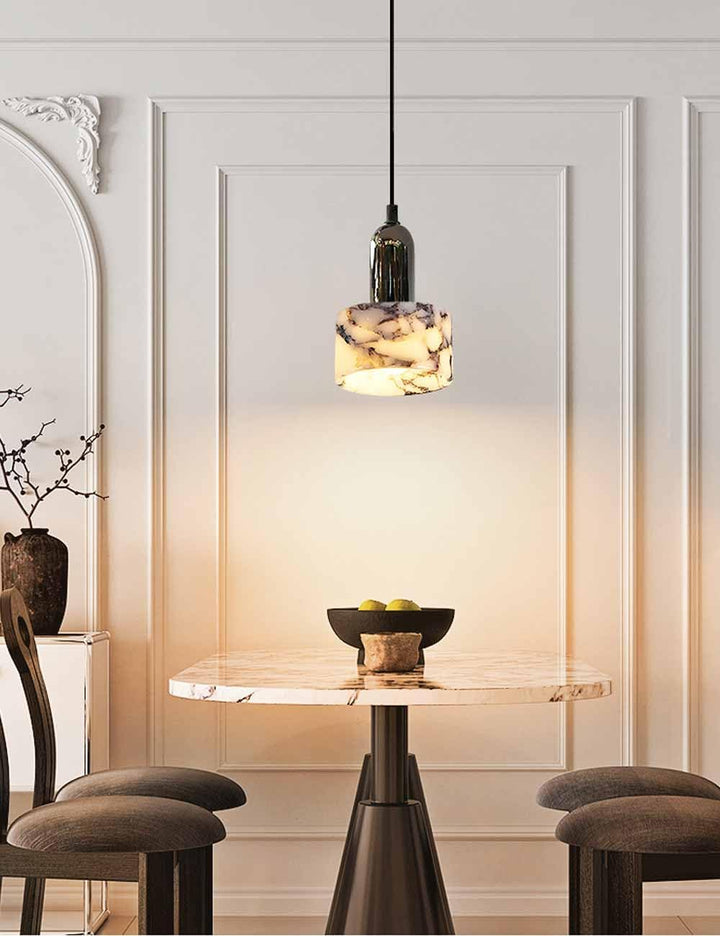White Marble Cylinder Pendant Light with Black Socket