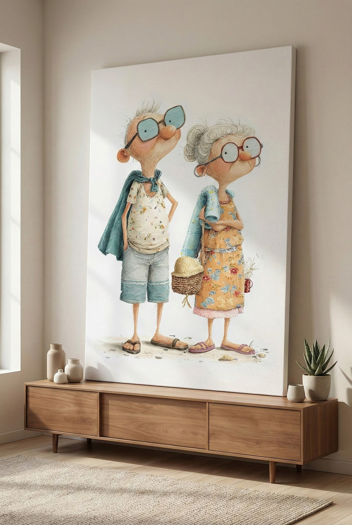 Whimsical Elderly Couple Canvas Wall Art