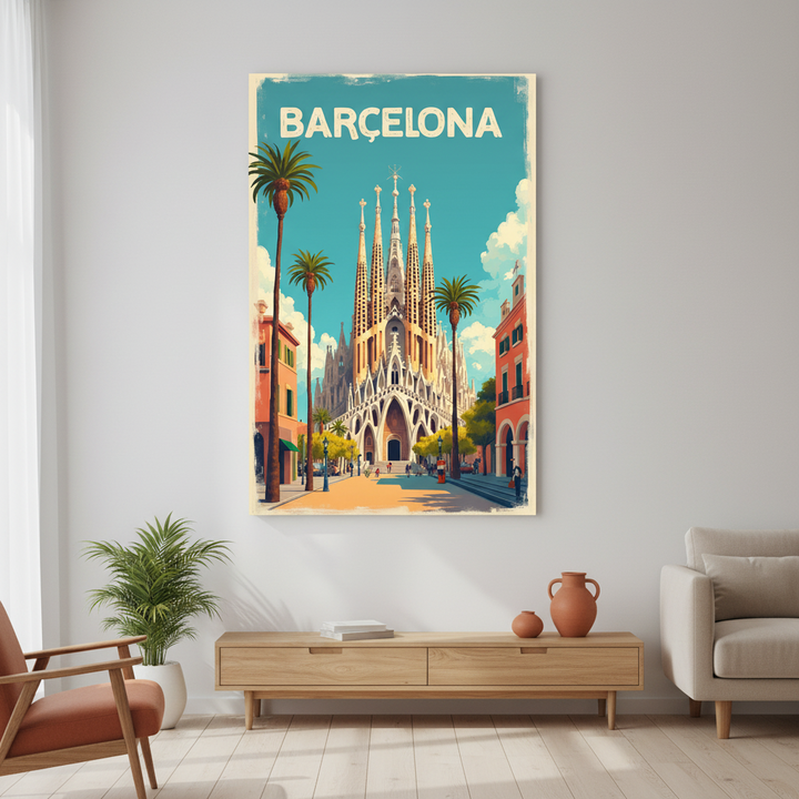 Barcelona vintage travel canvas featuring Sagrada FamÃƒÆ’Ã‚Â­lia with palm trees and Mediterranean streets