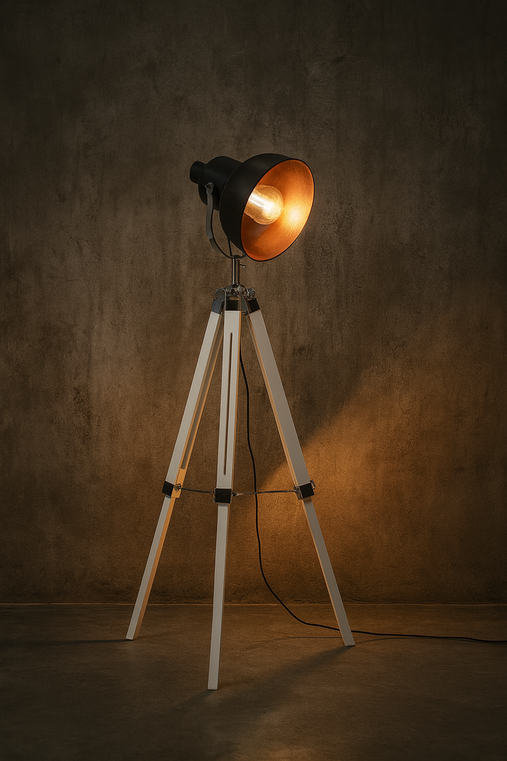 Industrial Tripod Floor Lamp – Black & White Chrome Design