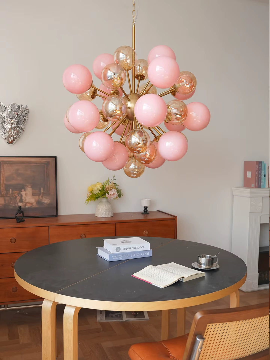 Pink and Amber Sputnik Globe Chandelier