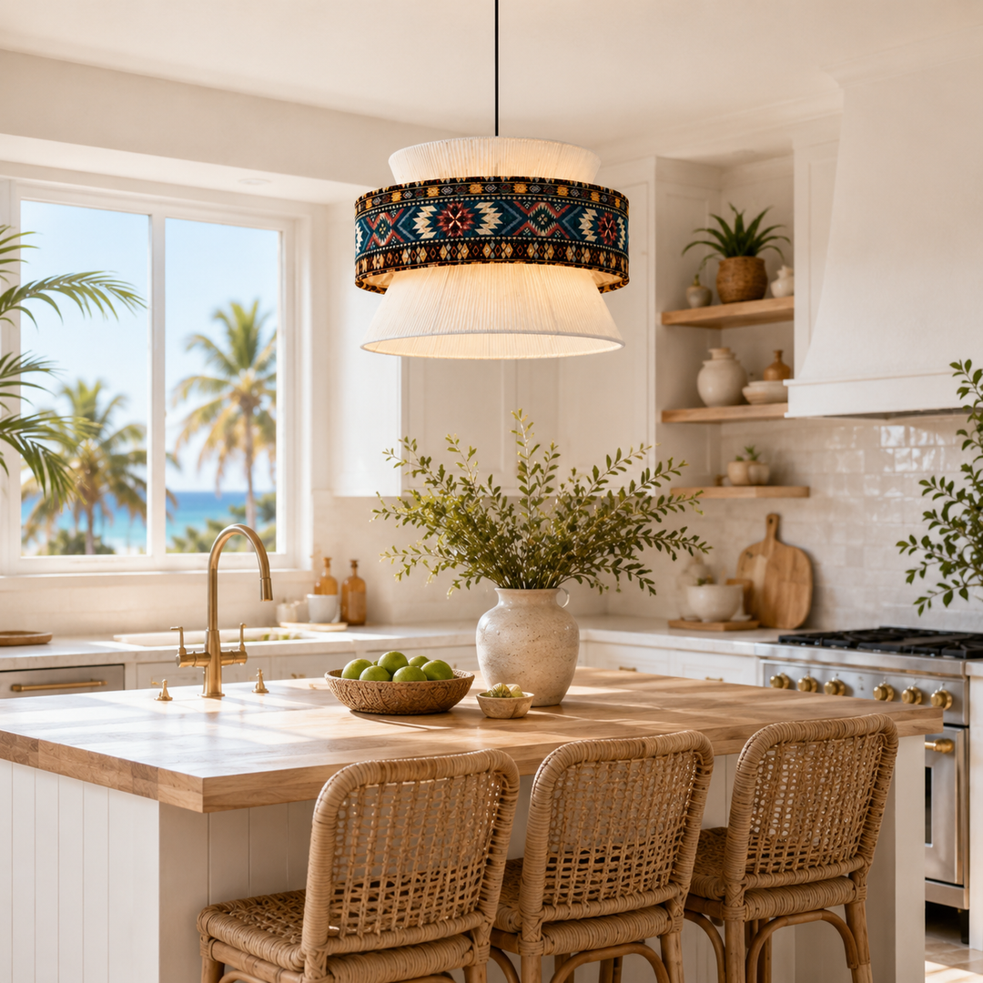 Bohemian Blue Pattern Fabric Drum Pendant Light