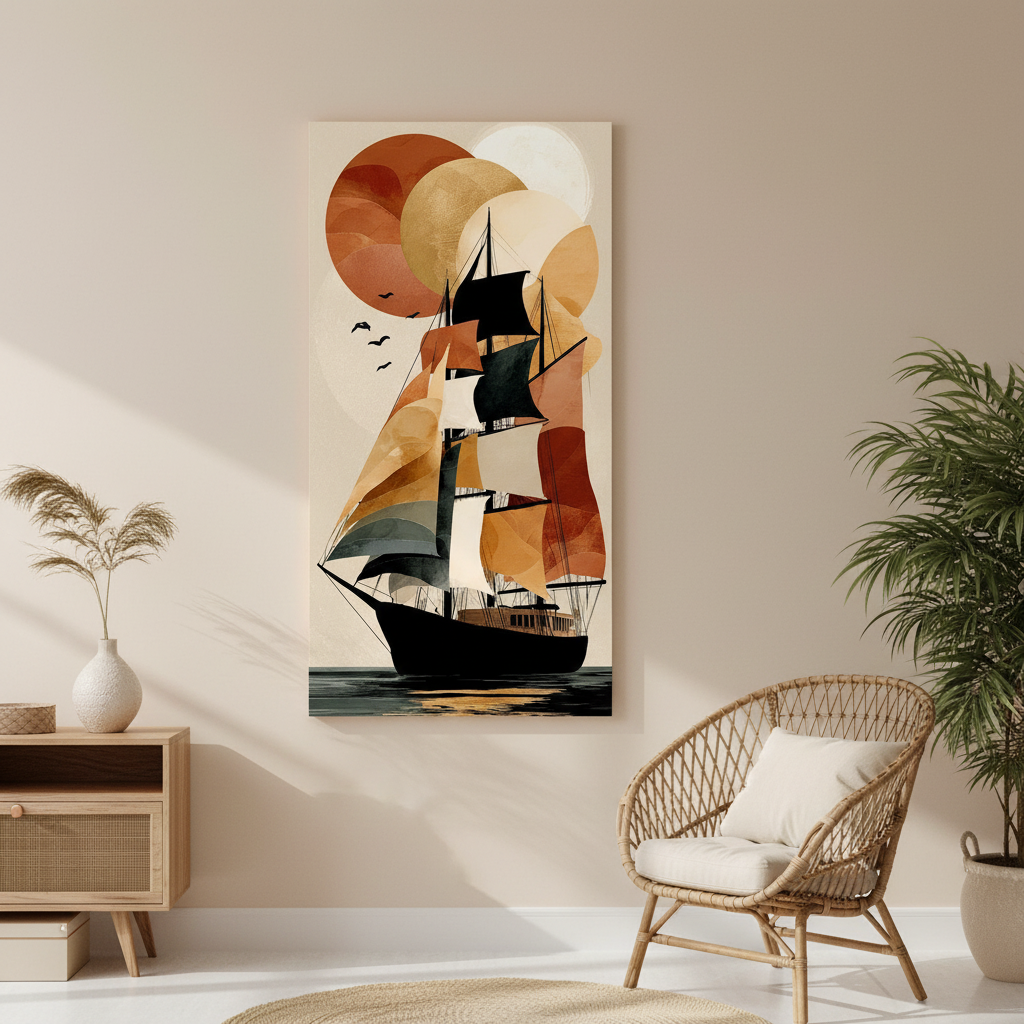 Abstract sailing ship artwork with geometric sun and warm sunset tones on canvas