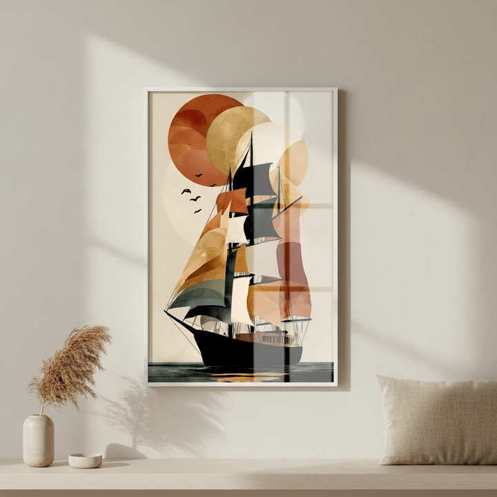 Abstract Sailing Ship Sunset Canvas Wall Art