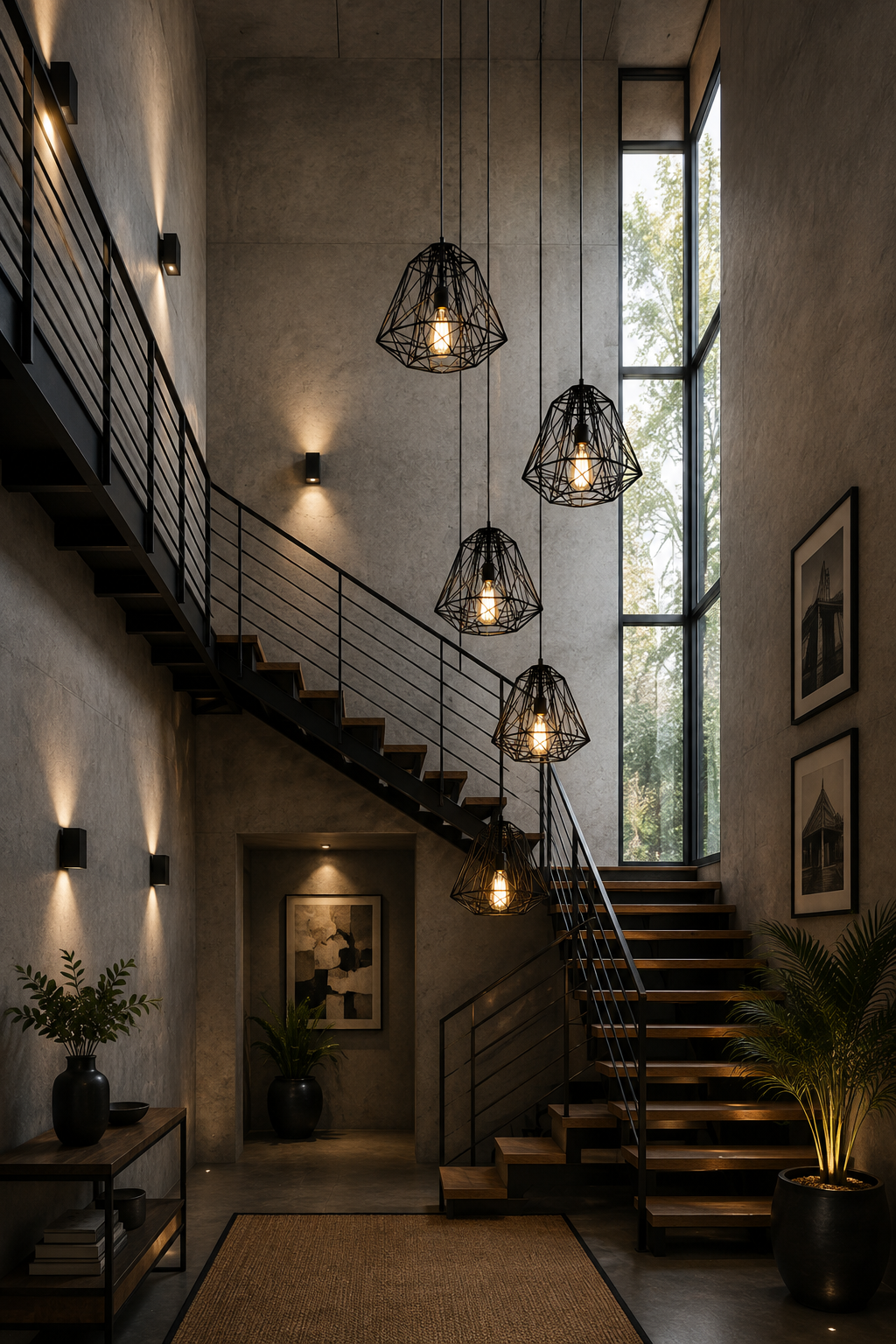 Industrial Pendant Light with Geometric Wireframe Design
