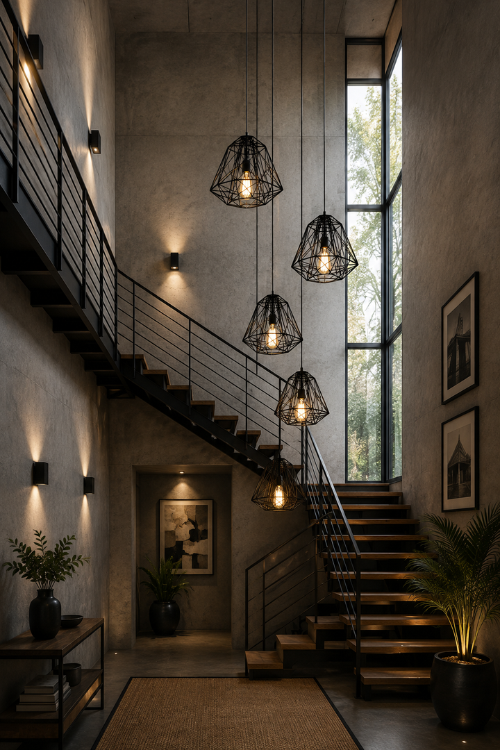 Industrial Pendant Light with Geometric Wireframe Design