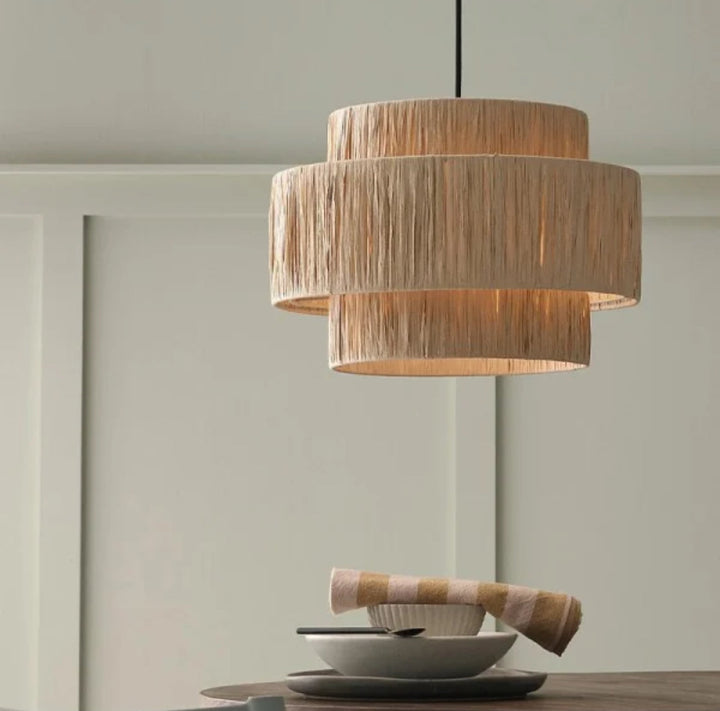 Layered Pendant Light with Woven Natural Shade