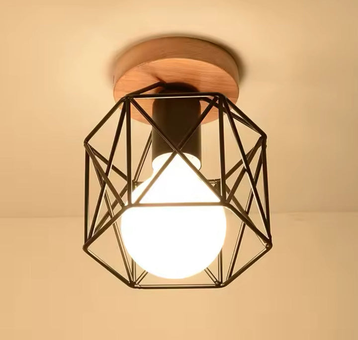 Geometric Cage Ceiling Light with Wood Base