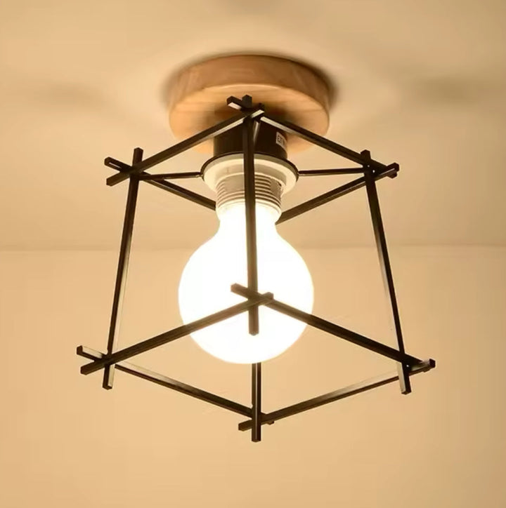 Industrial Cage Ceiling Light with Wood Base