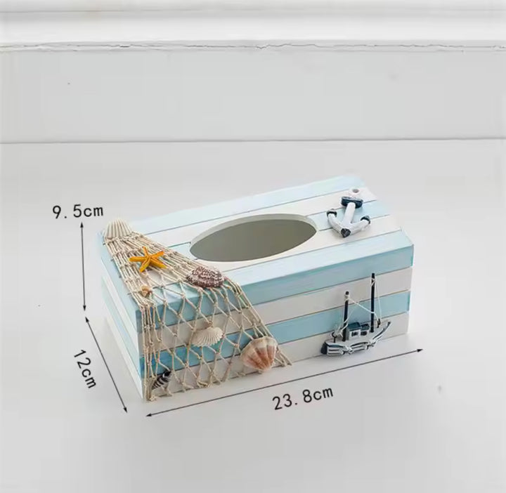 Nautical Wooden Tissue Box Cover â€“ Blue Coastal Design with Sailboats and Ship Wheel
