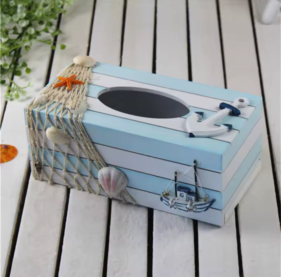 Nautical Wooden Tissue Box Cover â€“ Blue Coastal Design with Sailboats and Ship Wheel