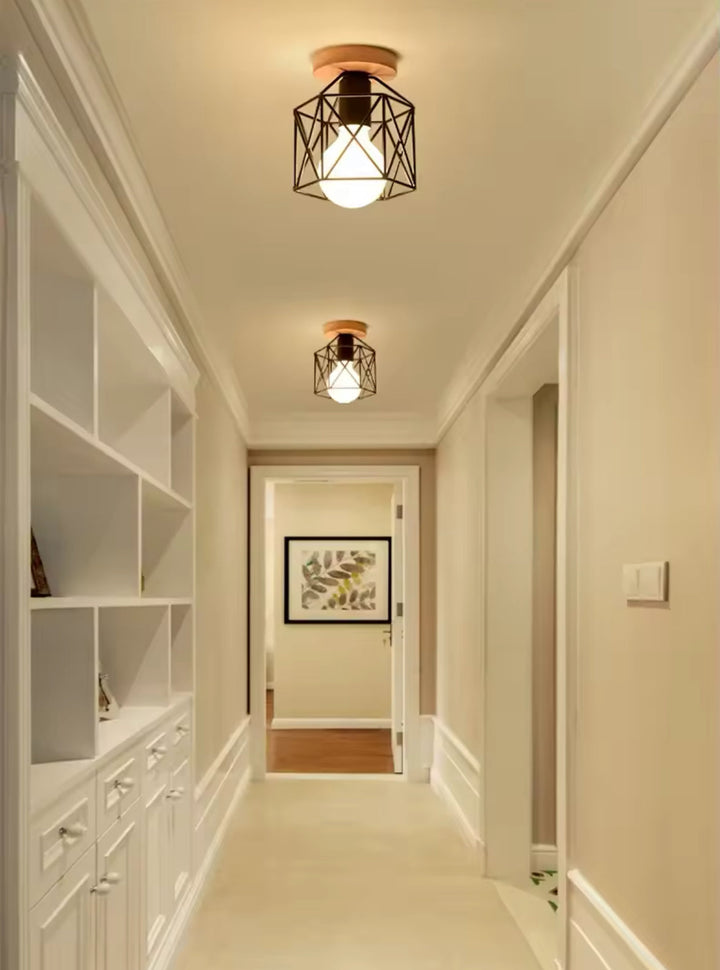 Geometric Cage Ceiling Light with Wood Base