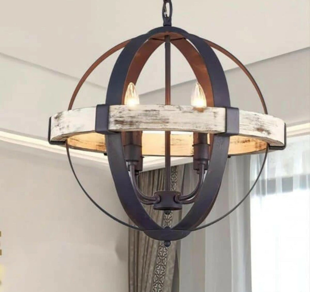 Rustic Orb Chandelier with Distressed Wood and Metal