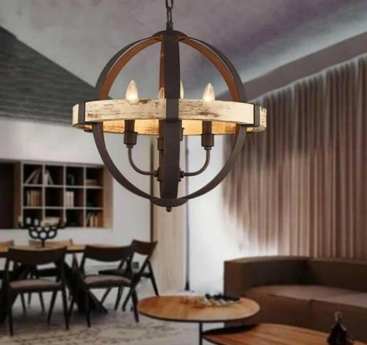 Rustic Orb Chandelier with Distressed Wood and Metal