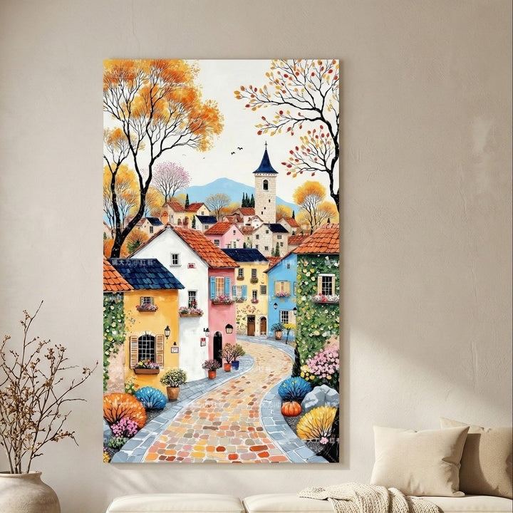 Autumn Village Street Canvas Wall Art