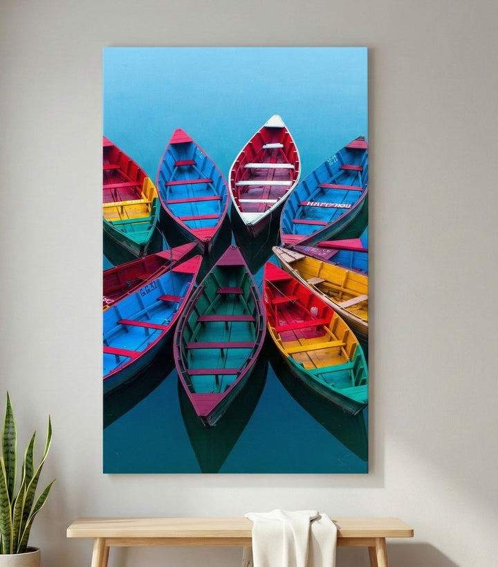 Colorful Boats on Calm Water Canvas Wall Art