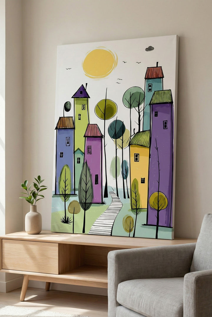 Whimsical Colorful Village Canvas