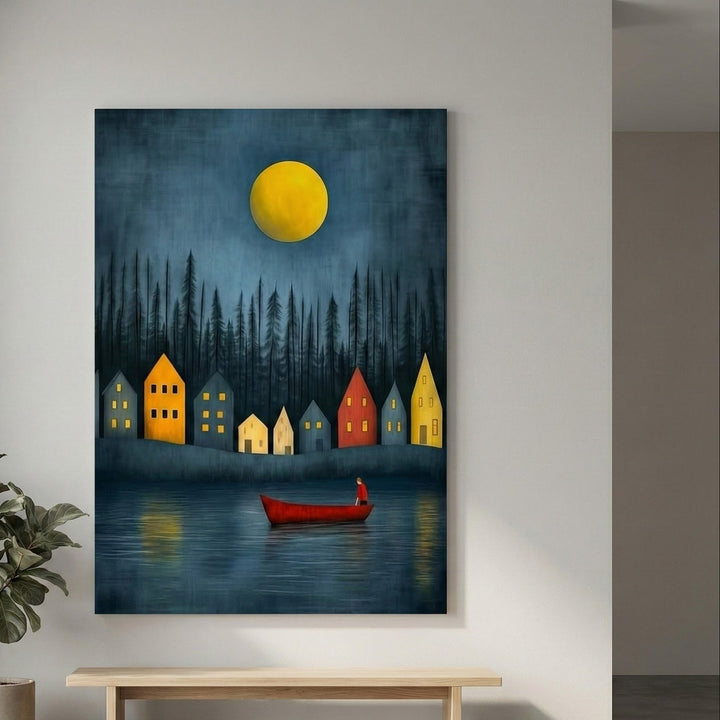 Moonlit Village Lake Canvas Wall Art