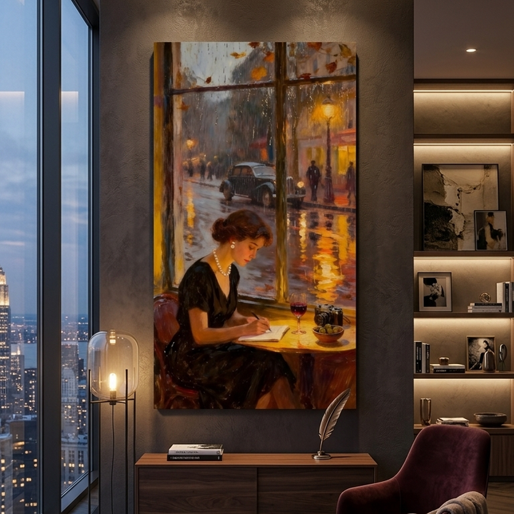 Woman Writing at a Cafe Window Impressionist Style Wall Art