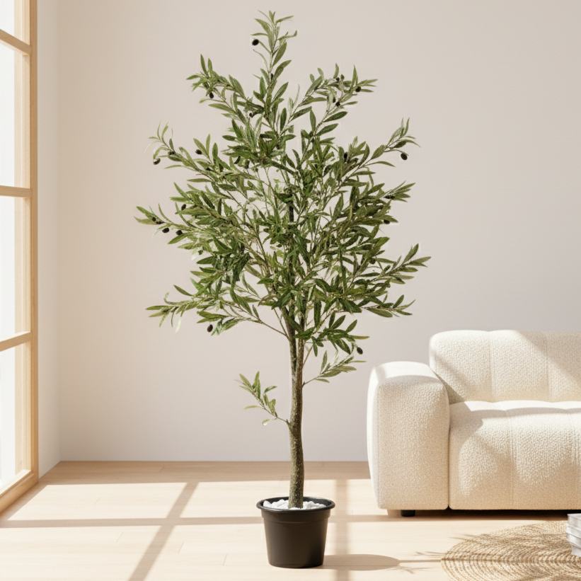 Potted plant in a modern living room with a beige sofa and large windows.