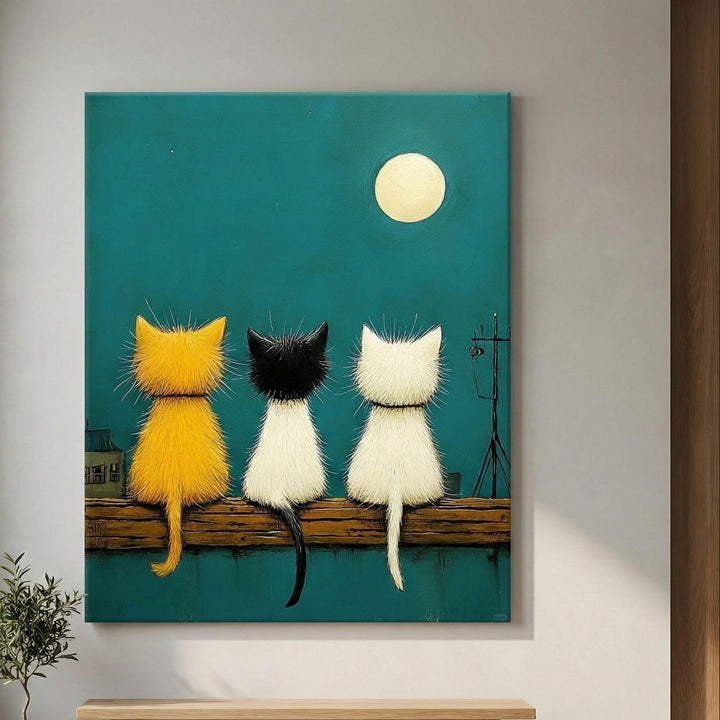 Three Cats Under the Moon Canvas Wall Art