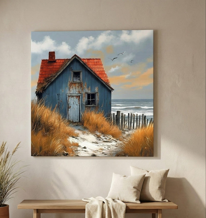Coastal Cottage by the Sea Canvas Wall Art
