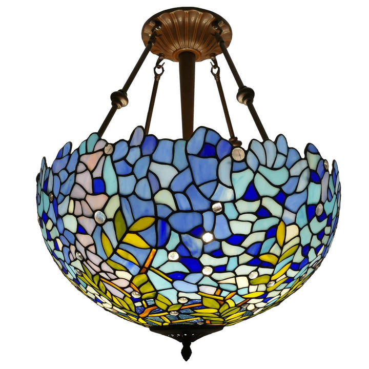 Blue Tiffany semi-flush ceiling light with stained glass mosaic and blue floral pattern providing warm decorative illumination