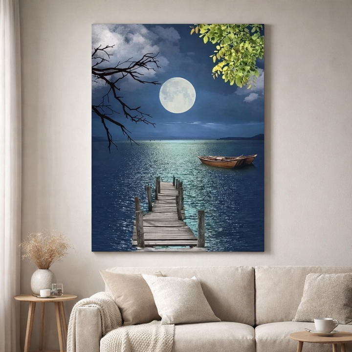 Moonlit Pier & Boat Canvas Wall Art