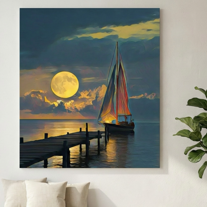 Moonlit Sailboat at Wooden Pier Canvas
