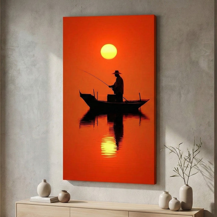 Sunset Fisherman Silhouette Canvas