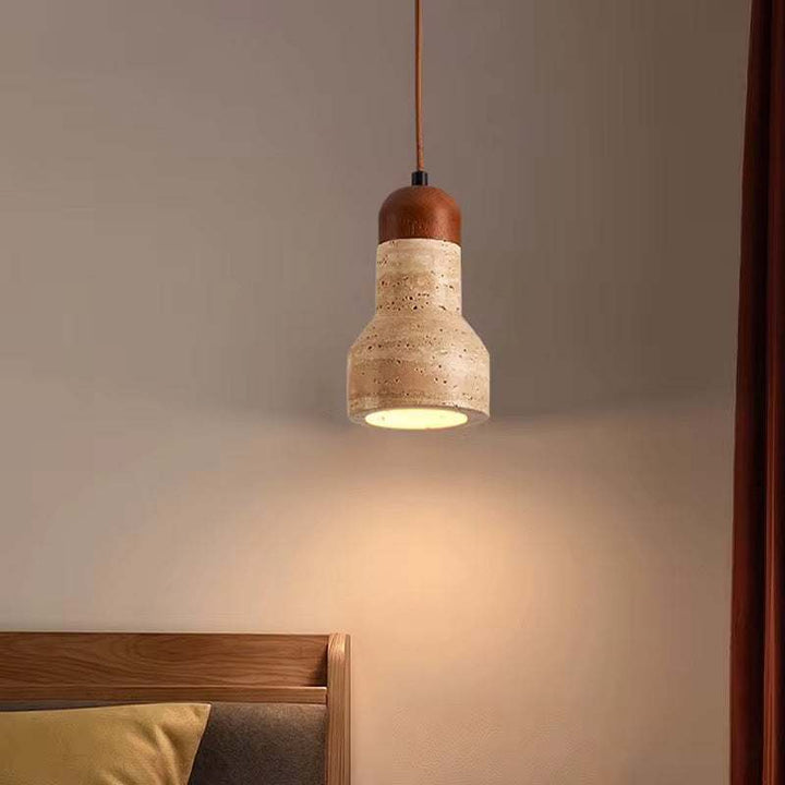 Mini Travertine Pendant Light with natural stone texture for bedside lighting