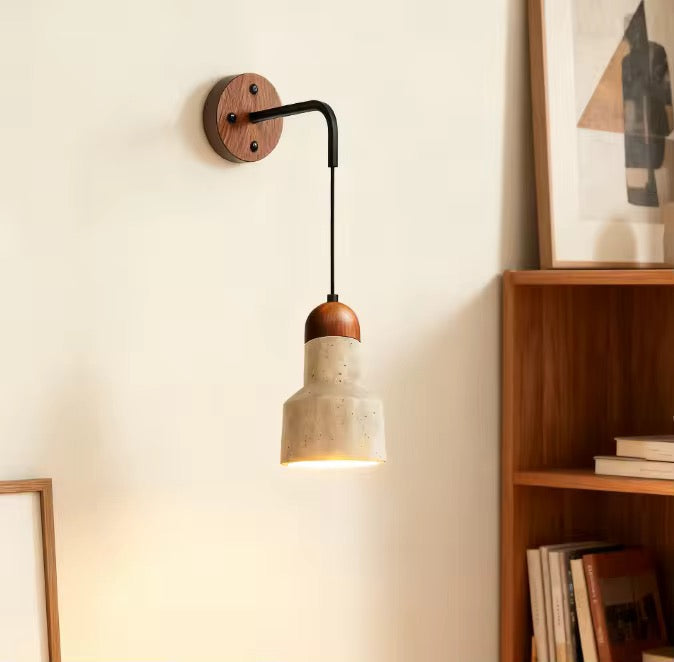 Travertine wall arm pendant with natural stone and wood for bedside lighting