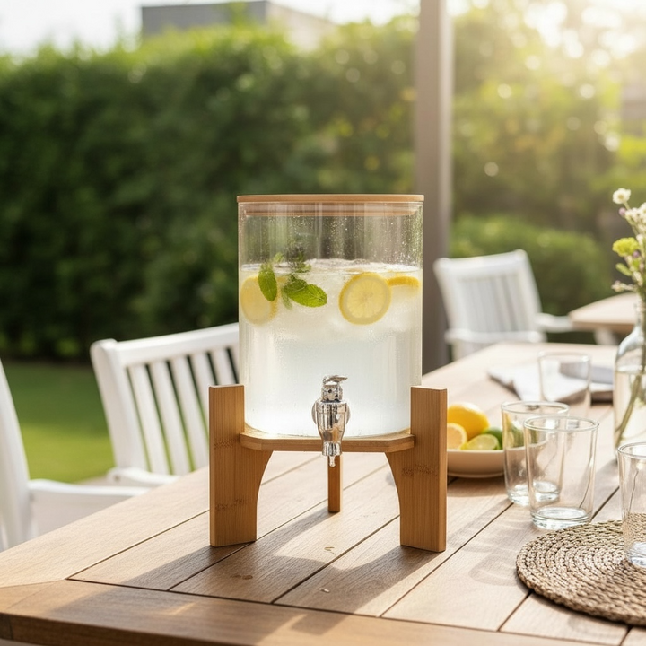 Ramadan beverage dispenser with clear glass and wooden stand for easy pouring