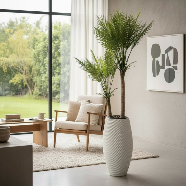Artificial Double Palm Tree with White Floor Planter