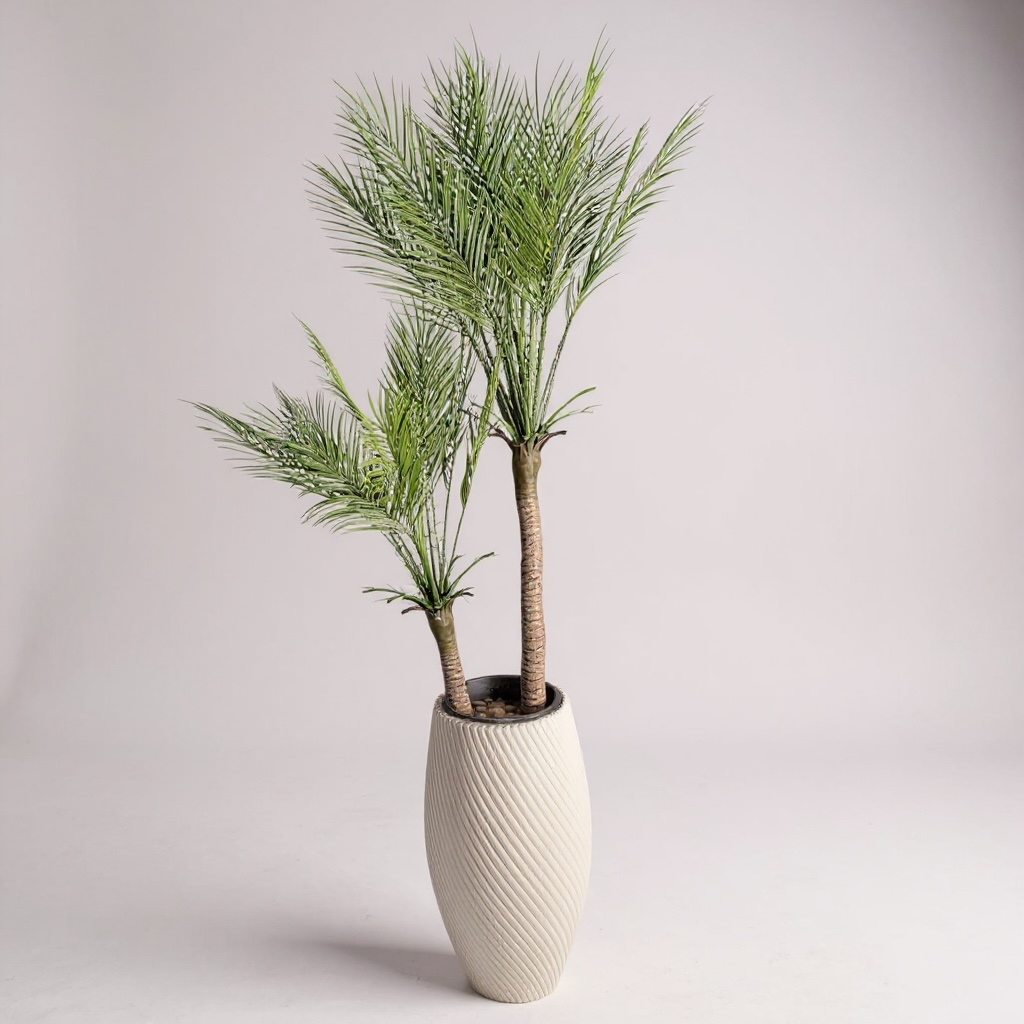 Artificial Double Palm Tree with White Floor Planter