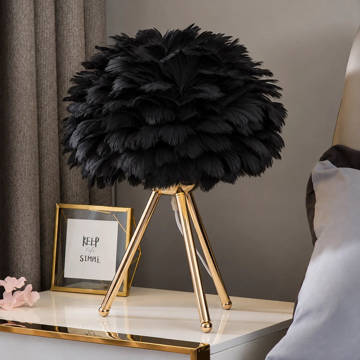 Black Feather-Style Table Lamp with Gold Tripod Base