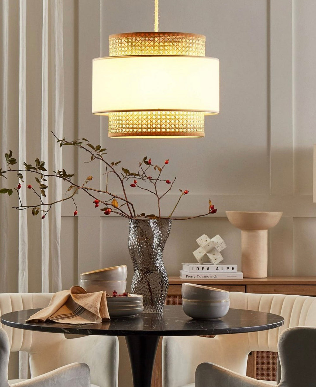 Woven Rattan and Fabric Pendant Light