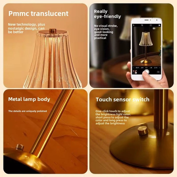 Wavy Glass Shade Rechargeable Gold Table Lamp