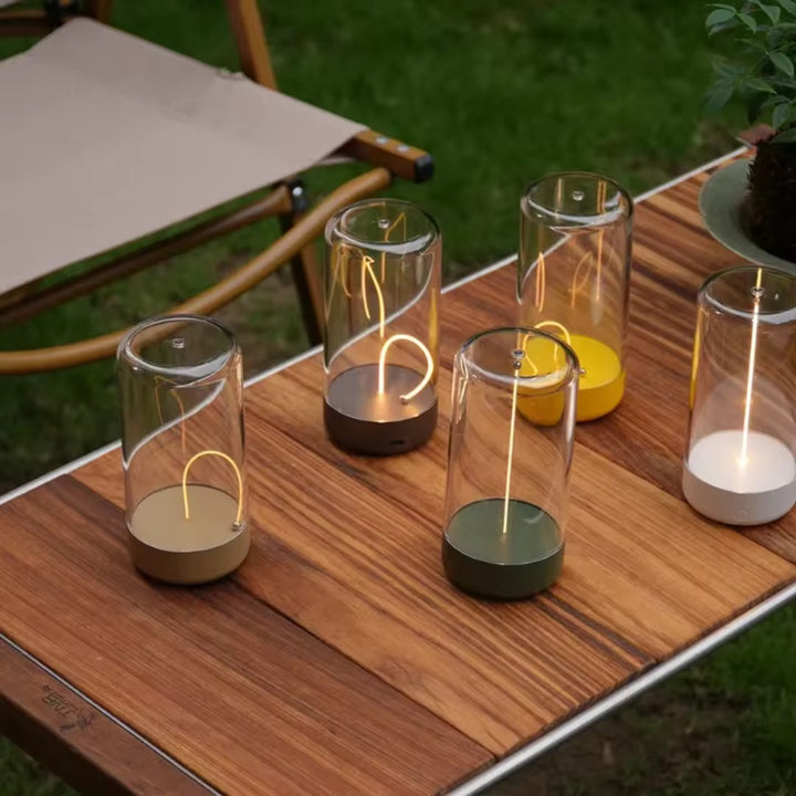 Modern Rechargeable Table Lamp with Glass and Wooden Base