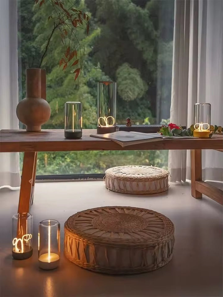 Modern Rechargeable Table Lamp with Glass and Wooden Base