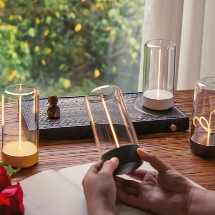 Modern Rechargeable Table Lamp with Glass and Wooden Base