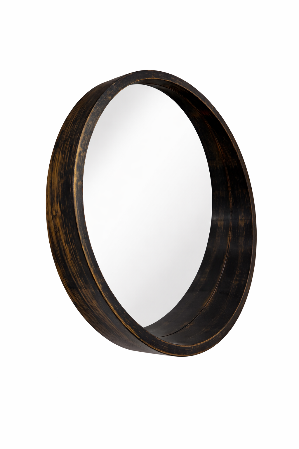 Round Wall Mirror with Dark Wood Frame