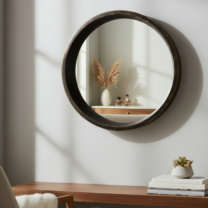 Round Wall Mirror with Dark Wood Frame