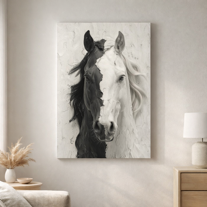 Black and white horse canvas wall art with MDF frame and glass front panel showcasing a powerful horse portrait in monochrome tones