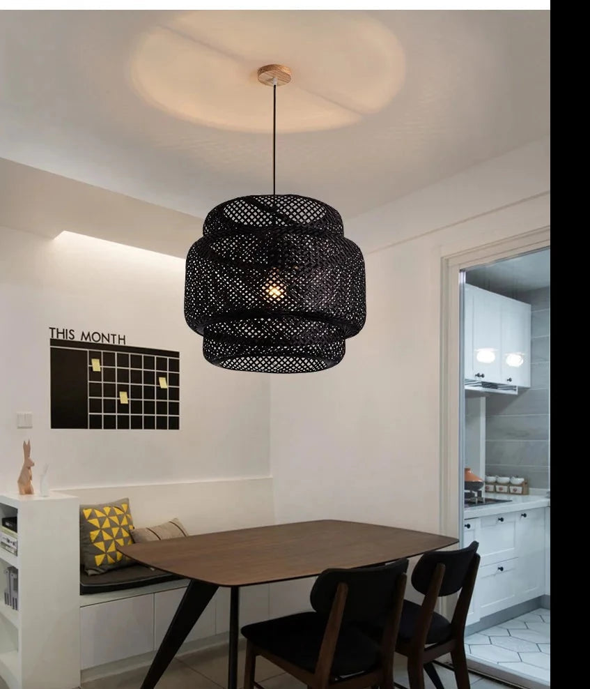 Bamboo Woven Pendant Light with Shadow Pattern