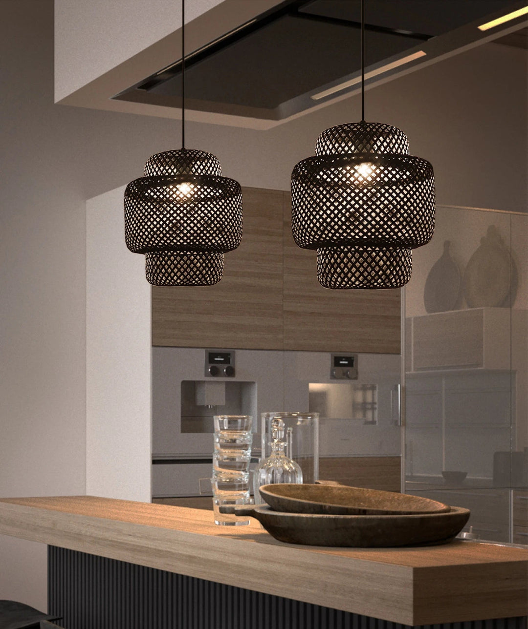 Bamboo Woven Pendant Light with Shadow Pattern